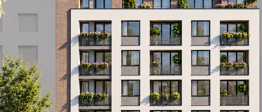 LUNA Residence, Budapest District XIII, Reitter Ferenc utca 55 and Országbíró utca: row of balconies with flower boxes on the street facade