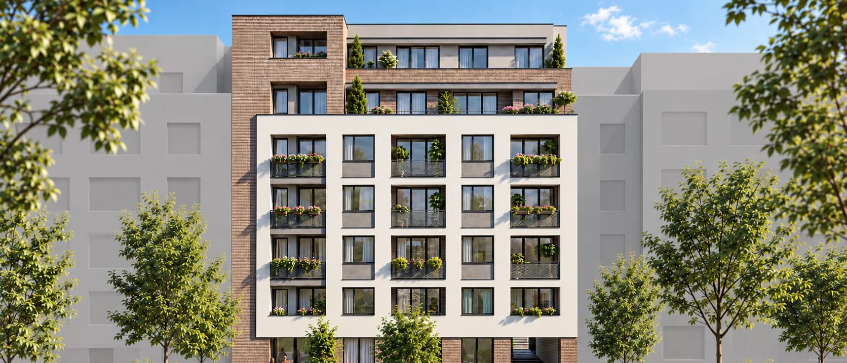 LUNA Residence látványterv: a kisebbik épület utcai homlokzata tégla saroktoronnyal, krémszínű ablakráccsal és virágos erkélyekkel