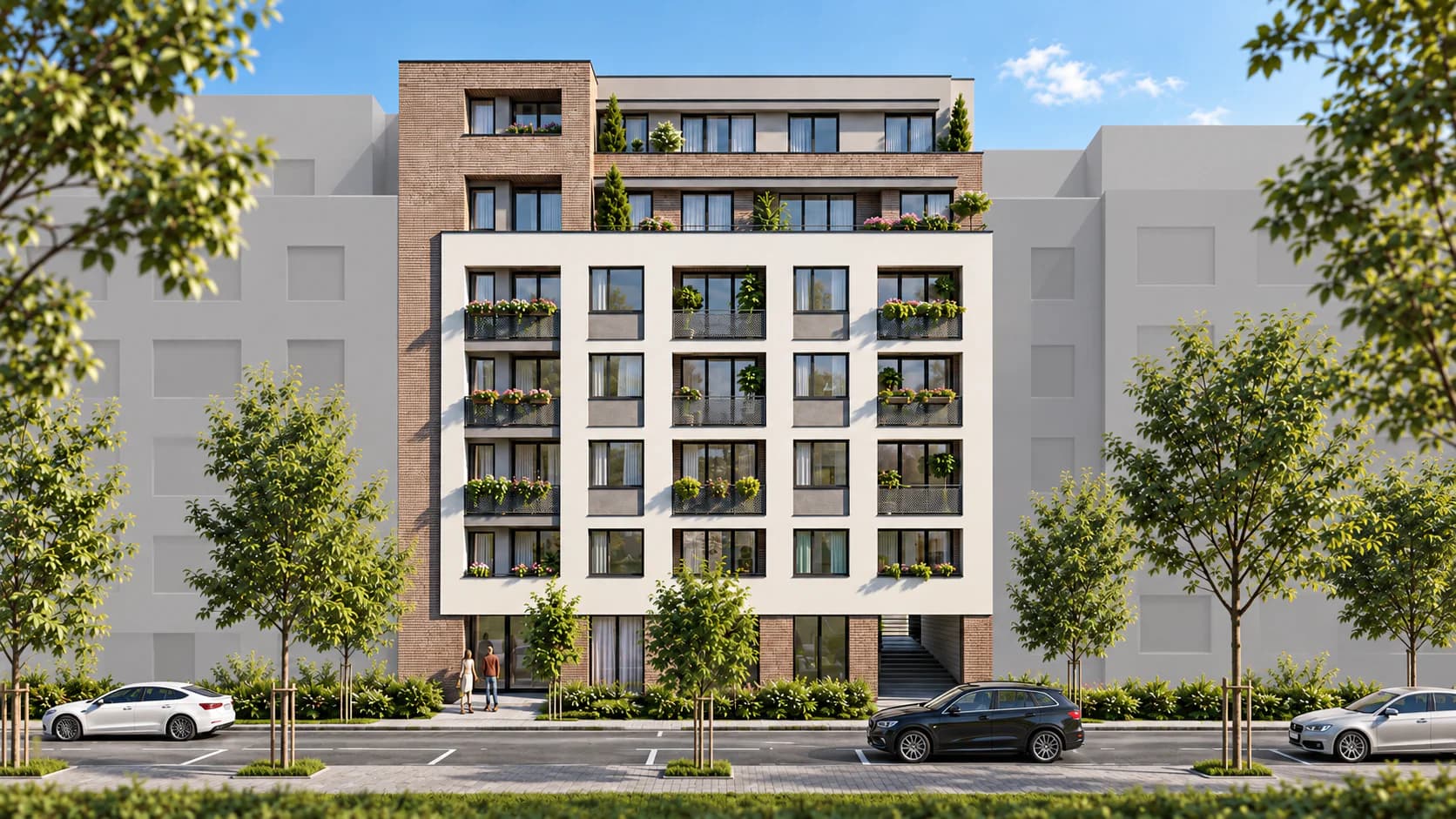 LUNA Residence rendering: the smaller building’s street facade with a brick corner tower, cream window grid and flowering balconies