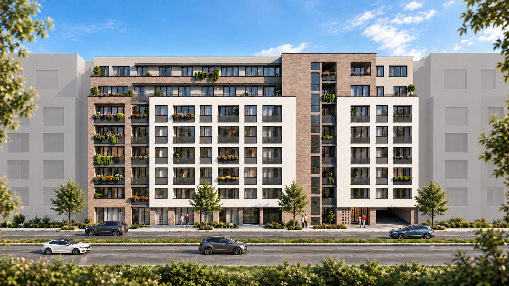 LUNA Residence rendering, Reitter Ferenc utca 55 and Országbíró utca: street facade with a brick tower, cream window grid and planted balconies