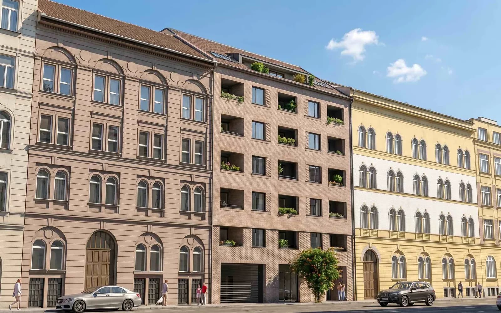 Street facade of NOVA CITY Residence in daylight, Kertész utca 6-8, District VII, architectural rendering