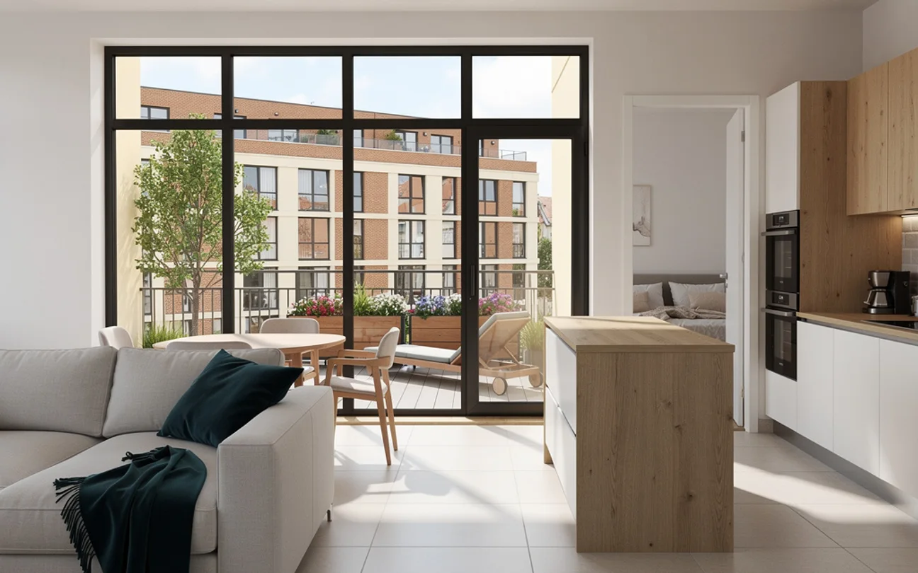 LUNA Residence two- or three-room apartment rendering: a living room with a kitchen island, a dining area and a terrace with loungers