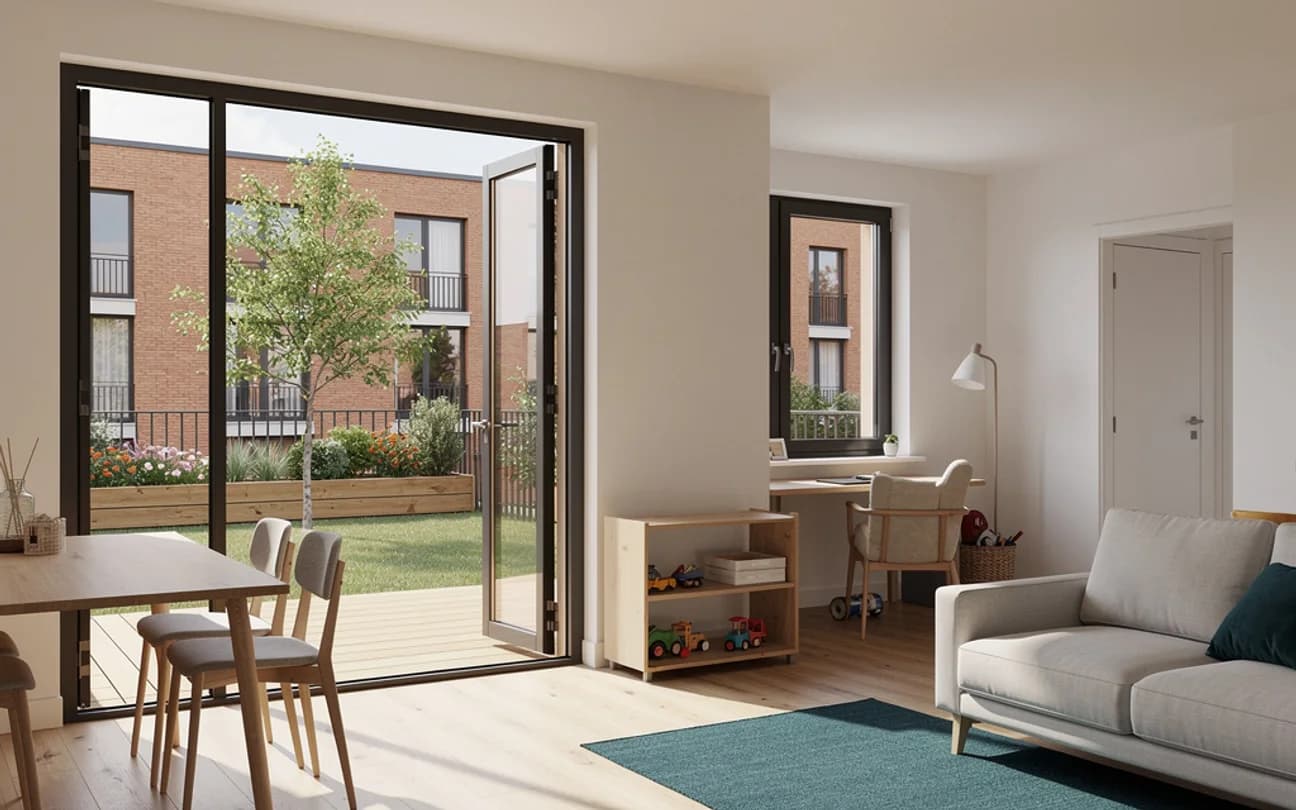 LUNA Residence family home rendering: a living room with a dining table for six, a play corner, a desk and a private garden