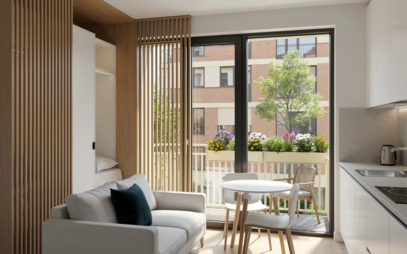 LUNA Residence studio rendering: a bright compact space with a slatted sleeping alcove, a small kitchen and a balcony with flower boxes