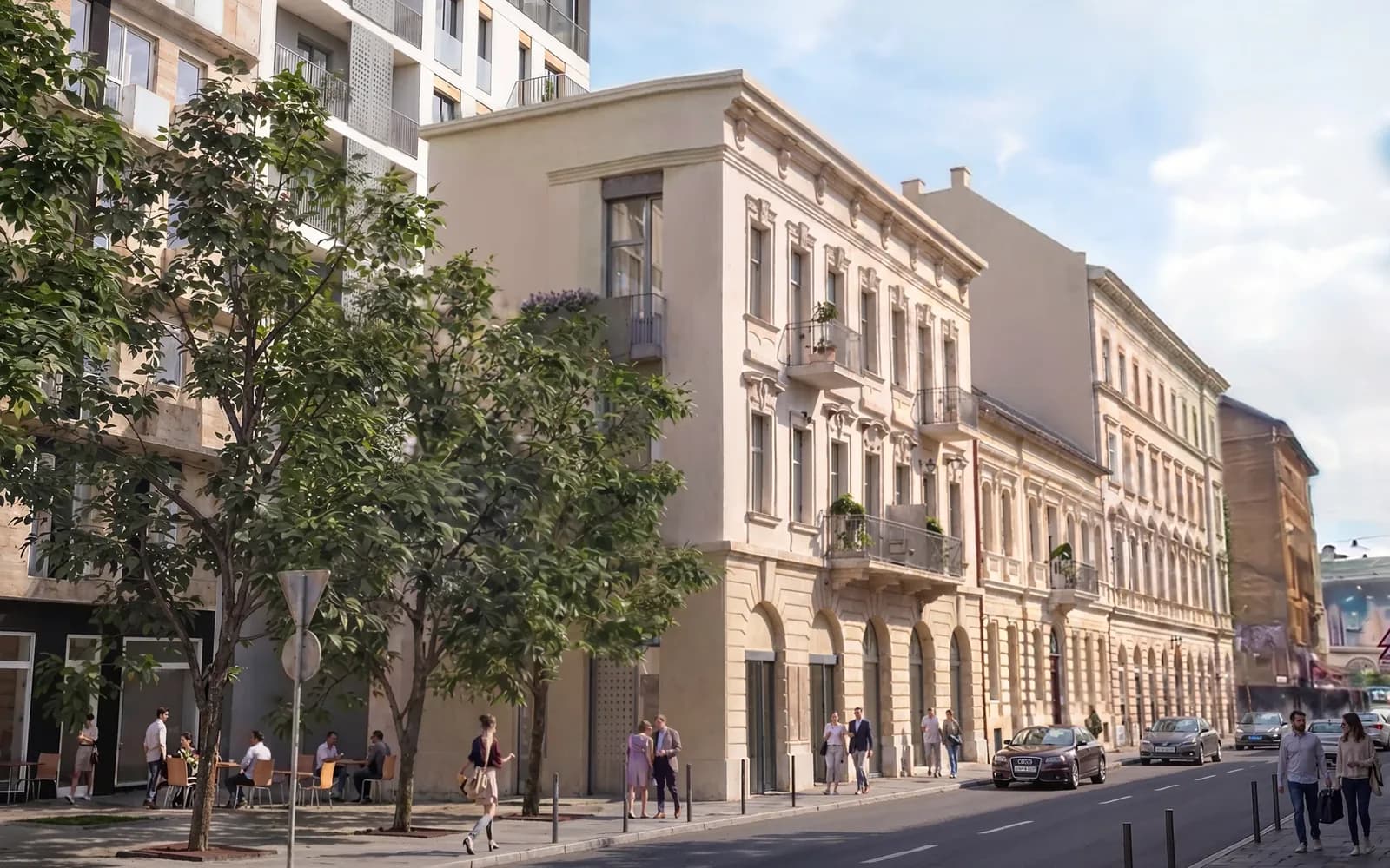 The historic Klauzál utca facade of YARA Residence with the new building rising behind it, architectural rendering
